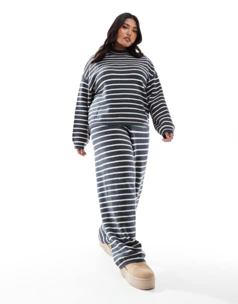 Pieces Curve – Weit geschnittene Strickhose in Grau und Blau gestreift, Kombiteil - view 1