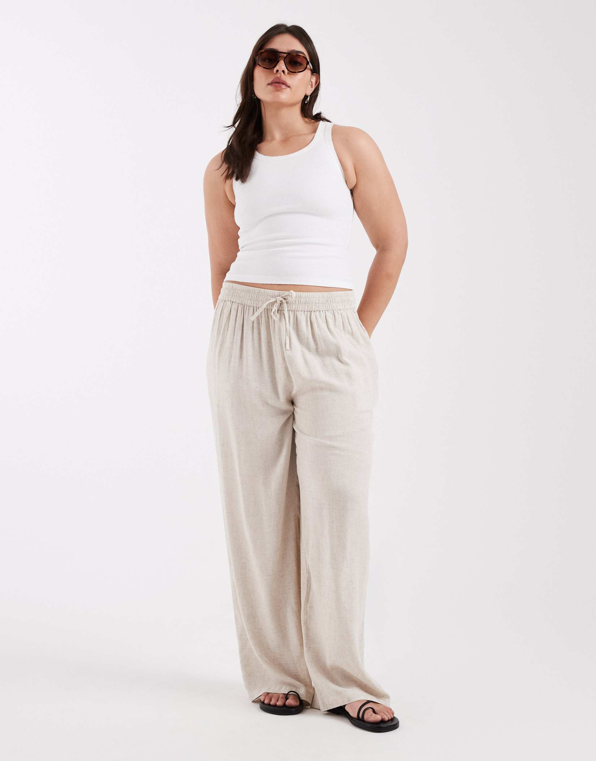 pieces curve wide leg linen touch pants in birch melange
