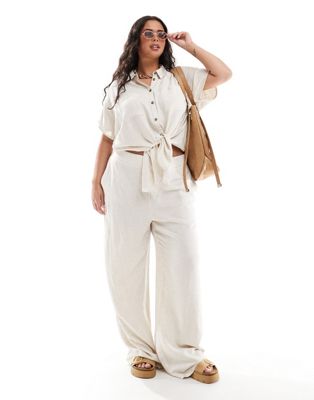 Pieces Curve wide leg linen trousers co-ord in cream-White