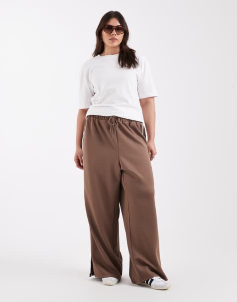 Pieces Curve wide leg trousers with side stripe in brown