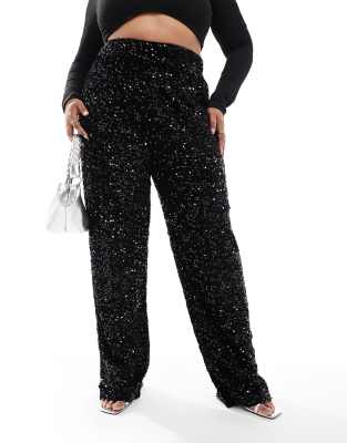 Pieces Curve wide leg velour sequin pants in black