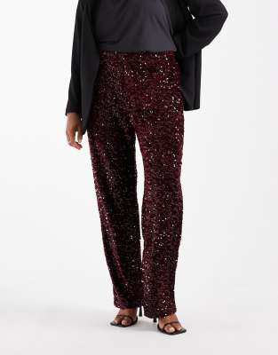 Pieces Plus Pieces Curve Wide Leg Velour Sequin Pants In Red