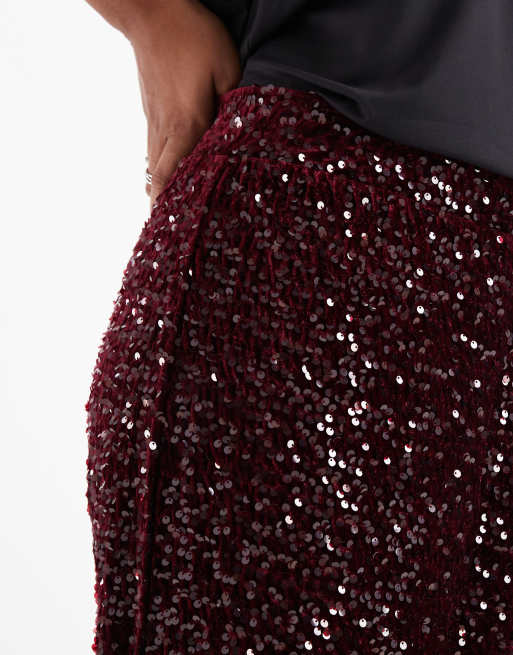 Pieces Curve wide leg velour sequin pants in burgundy