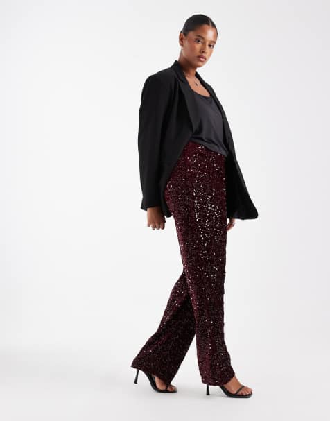 Pieces Curve wide leg velour sequin trousers in burgundy