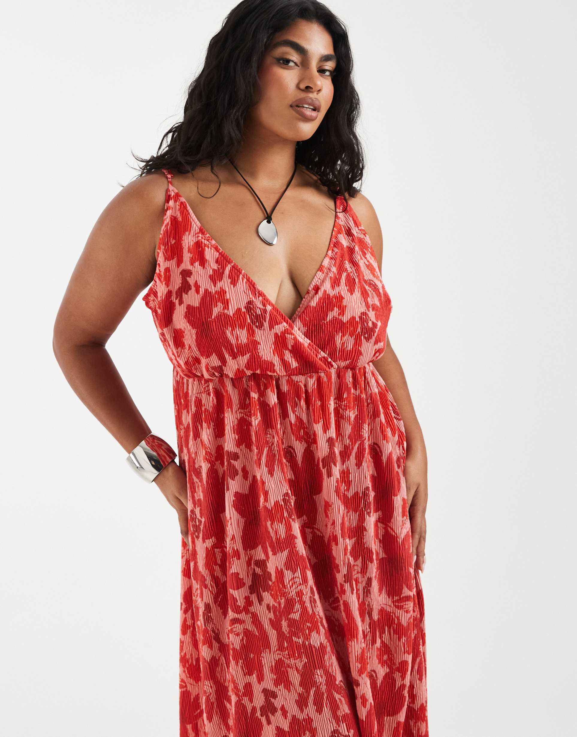 pieces curve wrap detail cami plisse maxi dress in pink and red floral print