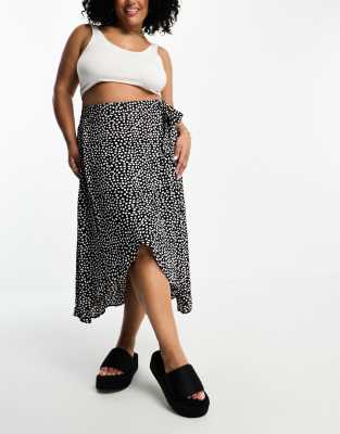 Pieces Curve wrap midi skirt in black & white dot-Multi