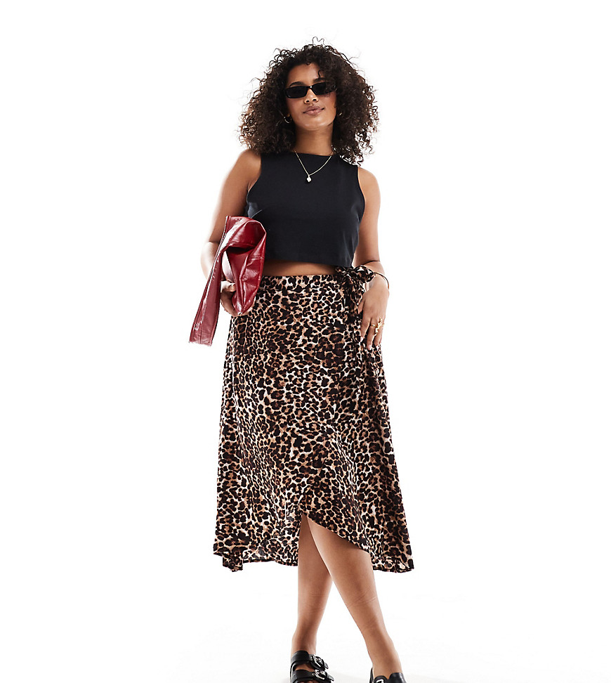 Pieces Curve wrap midi skirt in leopard print-Multi