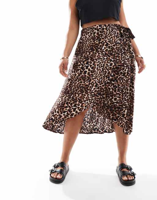 Pieces Curve wrap midi skirt in leopard print ASOS