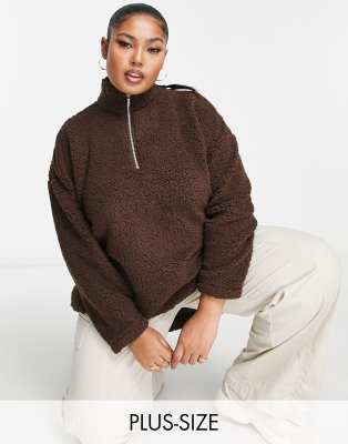 Pieces Curve zip up teddy fleece in chocolate brown