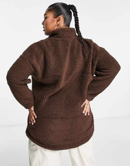 Zip Front Teddy Pullover, Brown, XXS, Long Sleeve