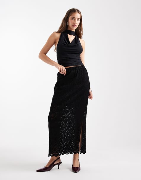 Pieces lace midi skirt in black