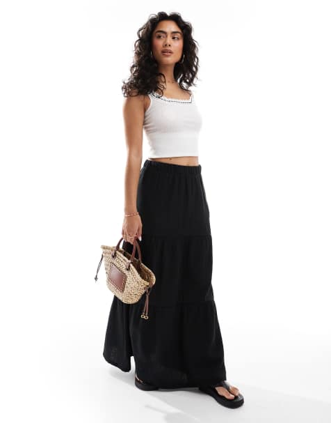 Pieces tiered boho midi skirt in black