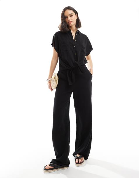 Pieces linen touch wide leg trouser co-ord in black