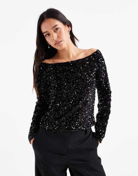 Pieces velvet and sequin off shoulder top in black