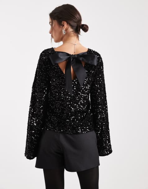 Pieces backless sequin top with satin bow back in black