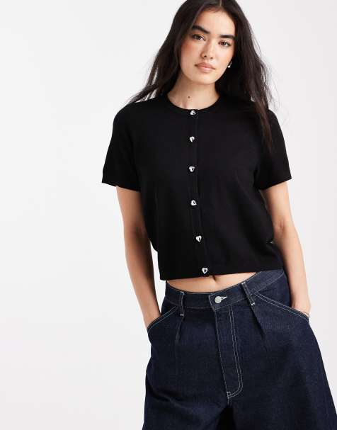 Pieces shorts sleeve knitted cardigan with love heart buttons in black