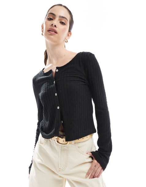 Pieces pointelle cardigan in black