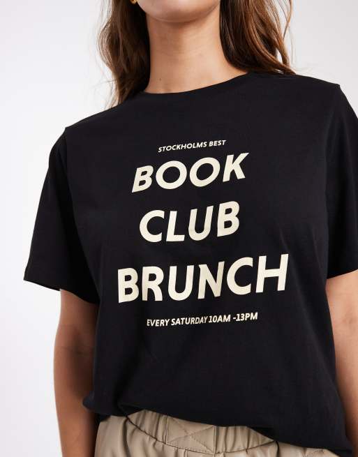 Pieces – Czarny T-shirt z żółtym nadrukiem „Book Club”, 3 z 4