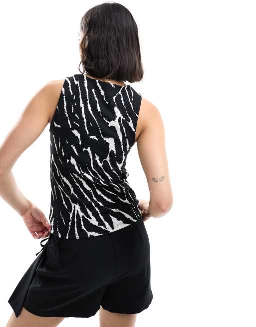 Pieces – Czarny top bez rękawów z okrągłym dekoltem w paski zebry, 4 z 4
