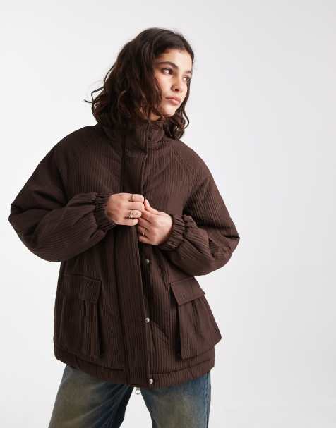 Pieces plisse effect funnel neck jacket in chocolate brown