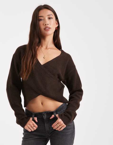 Pieces wrap front knitted jumper in chocolate brown
