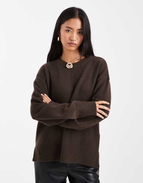 Pieces – Czekoladowy melanżowy sweter dzianinowy z ozdobnymi szwami - view 1