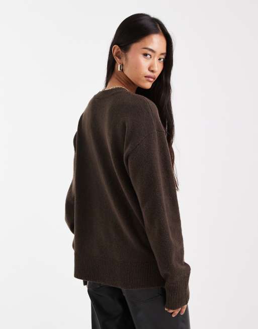 Pieces – Czekoladowy melanżowy sweter dzianinowy z ozdobnymi szwami, 2 z 4