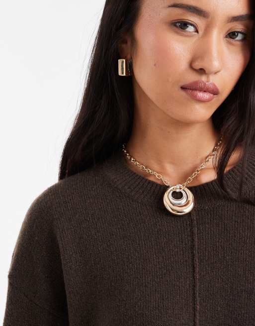Pieces – Czekoladowy melanżowy sweter dzianinowy z ozdobnymi szwami, 3 z 4