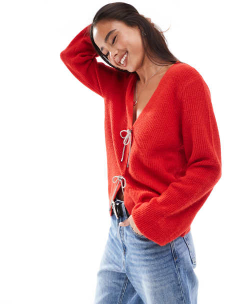 Pieces cardigan with embellished bow ties in red