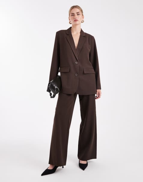 Pieces - Dad broek met wijde pijpen en riemlussen in chocoladebruin, deel van co-ord set - view 1