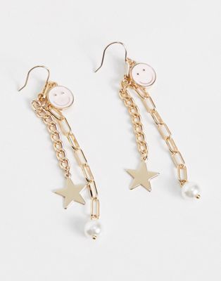 Pieces dangle chain earrings with happy face & star in gold