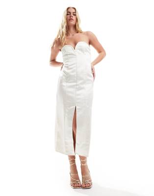 Pieces deep v bodycon satin midi dress with front slit in cream