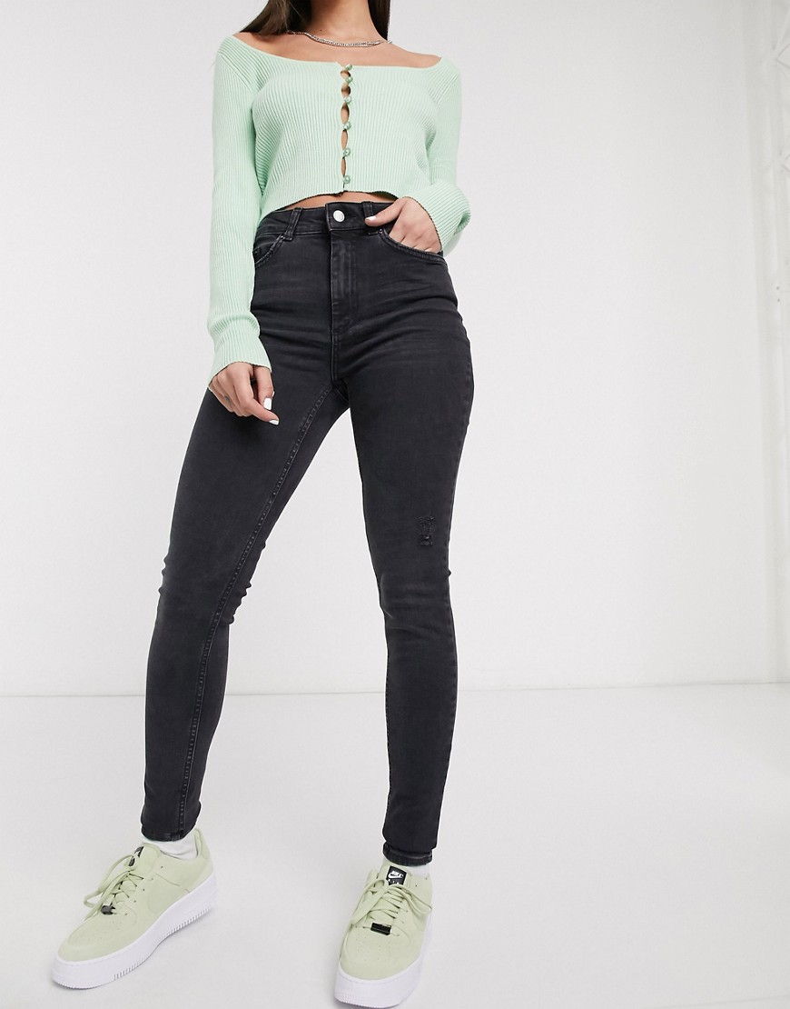 Pieces - Delly - Gescheurde skinny jeans met hoge taille in zwart met wassing