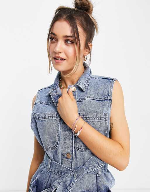 Pieces - Denim gilet van katoenmix met bindceintuur in blauw - MBLUE, 4 van 4