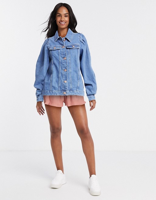 Pieces denim jacket with puff sleeves in blue