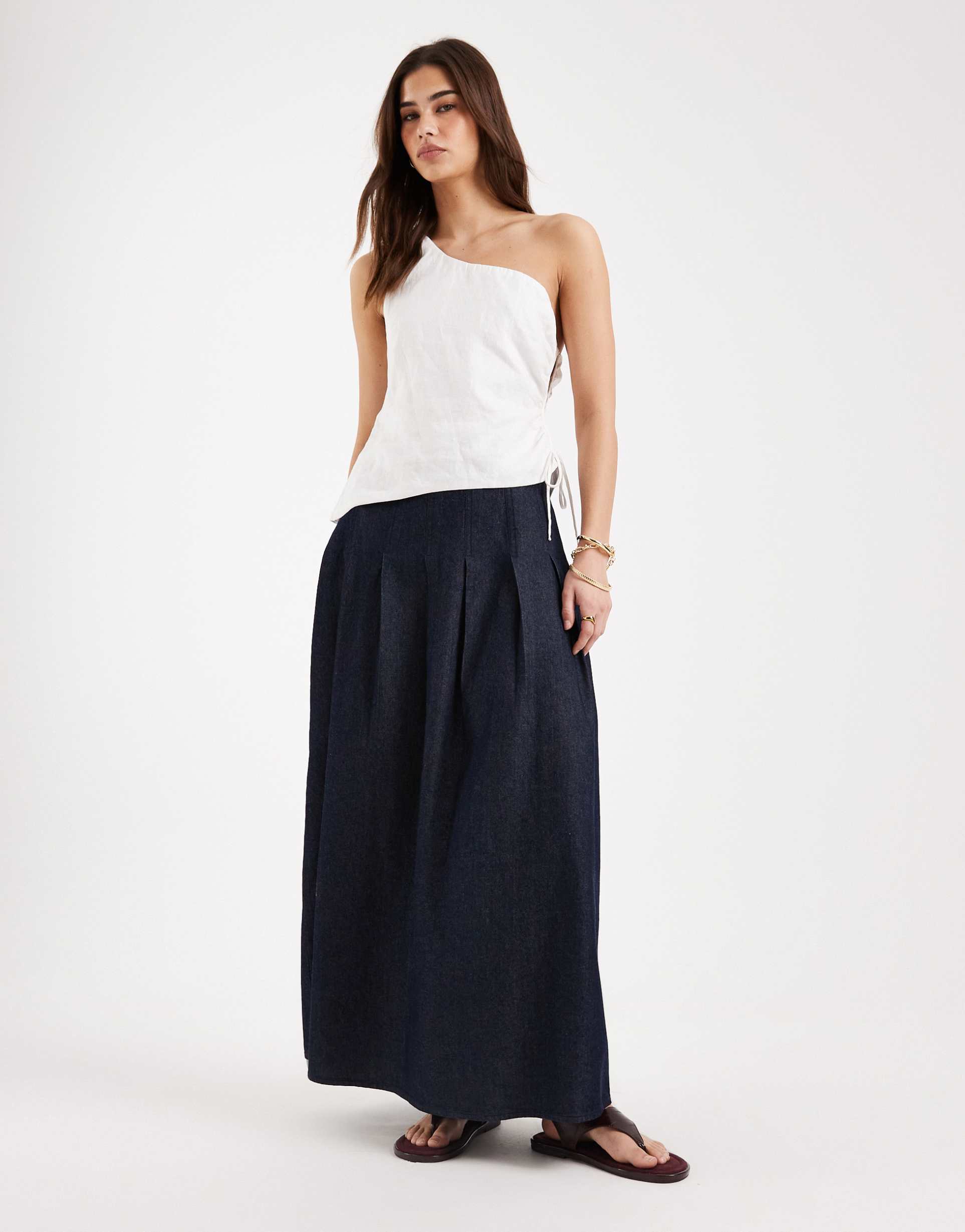 pieces denim maxi skirt in dark indigo blue