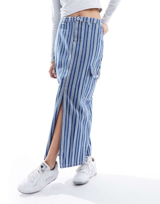 Pieces - denim maxi skirt with cargo pockets in blue stripe