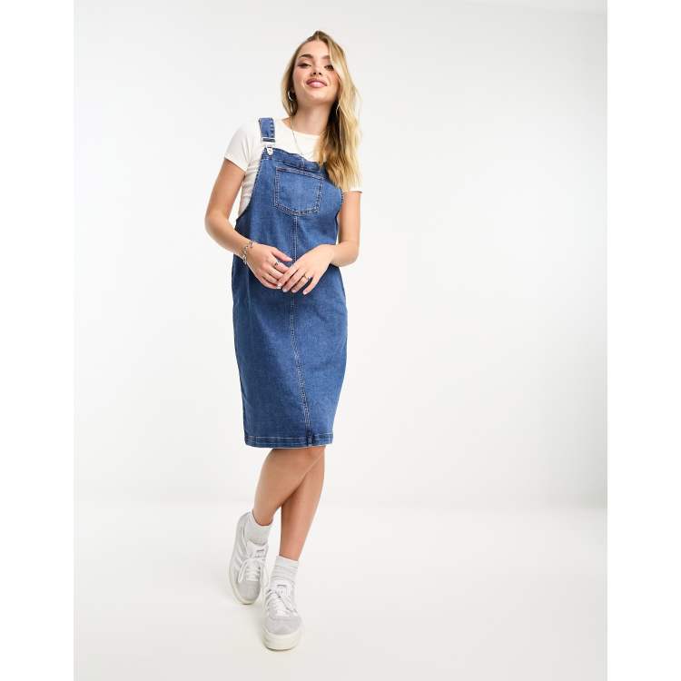 Monki Dungaree Midi Denim Dress in Blue