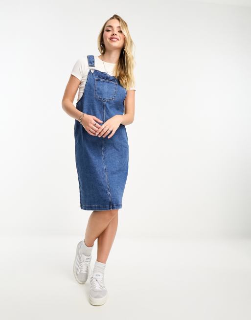 Monki dungaree midi denim dress in blue