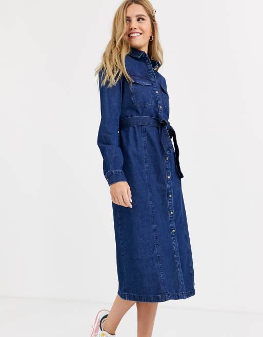 Pieces Denim midi overhemdjurk met riem in donkerblauw