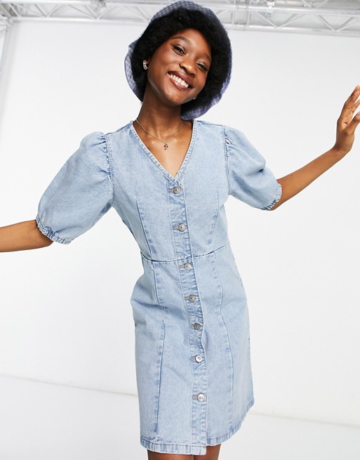 Pieces cotton denim mini dress with puff sleeves in blue - MBLUE
