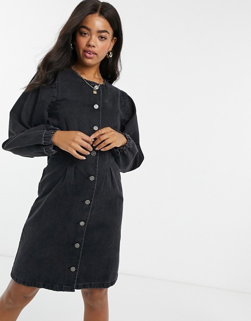 Pieces denim mini dress with puff sleeves and button through in black