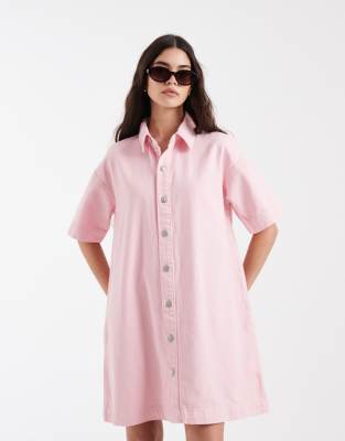 PIECES denim mini shirt dress in light pink roseate spoonbill 15490₽
