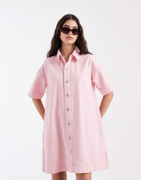 Pieces denim mini shirt dress in light pink - view 1