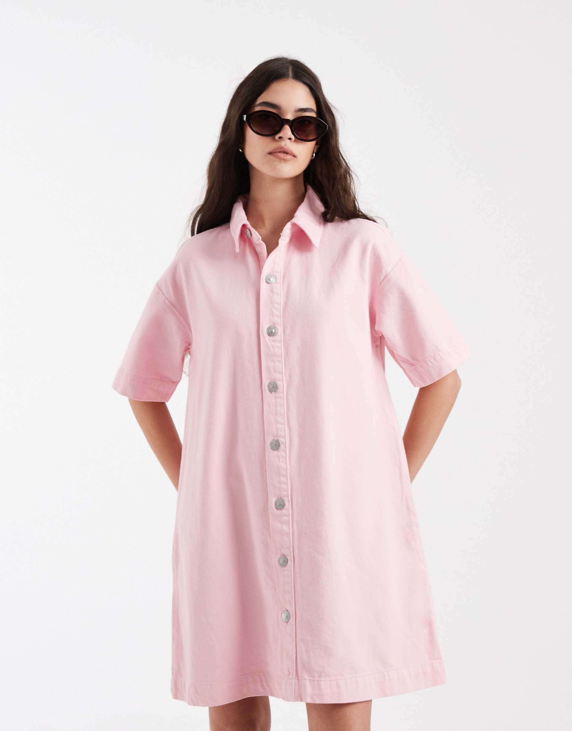pieces denim mini shirt dress in light pink