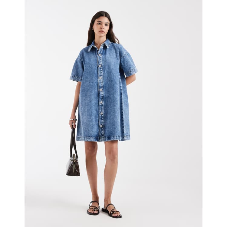 PIECES denim mini shirt dress in medium blue | ASOS