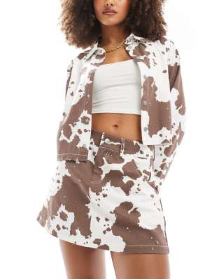 Pieces denim mini skirt co-ord in brown cow print-Multi