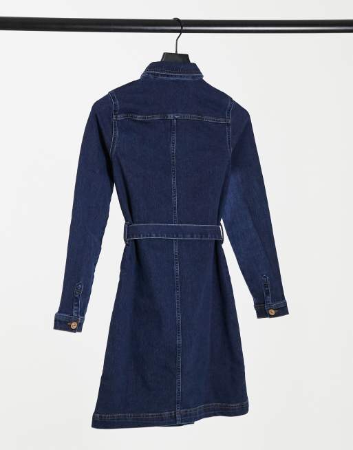 Pieces denim shirt dress with belted waist in dark blue denim, 2 of 4