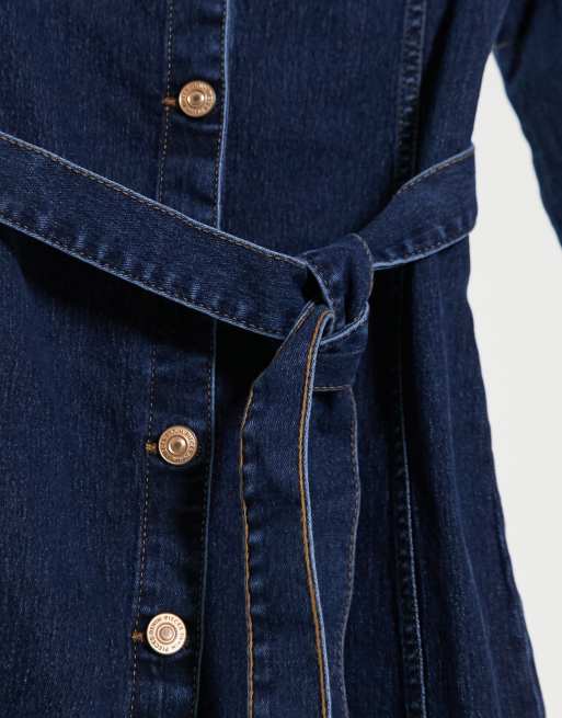 Pieces denim shirt dress with belted waist in dark blue denim, 4 of 4