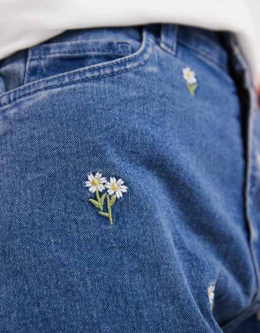 Pieces denim short met bloemenborduursel in middenblauw, 4 van 5
